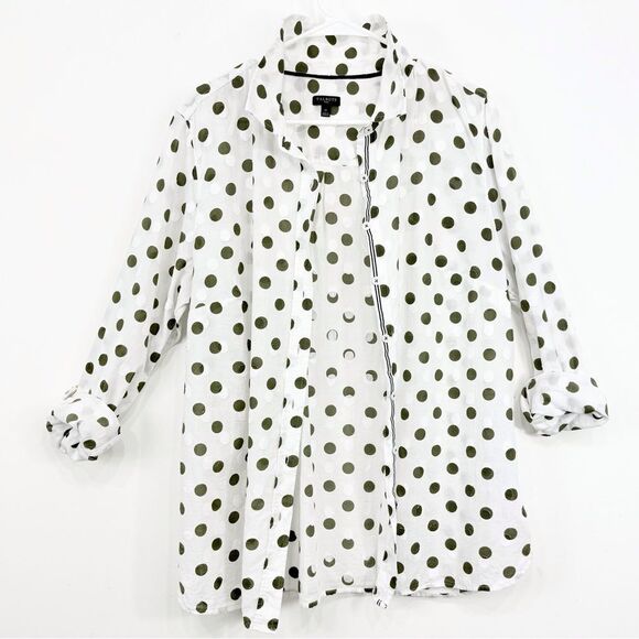 Talbots Plus Green White Textured Polka Dot 100% Cotton Button Up Long Sleeve - Picture 3 of 12